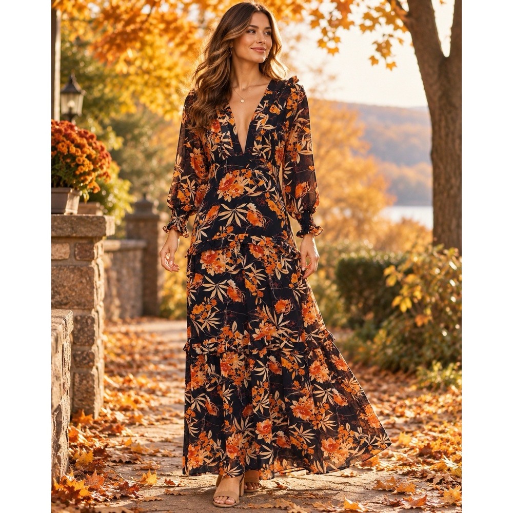 Women L Black Orange Floral Maxi Dress Boho Tiered Ruffle Puff Sleeve Fall